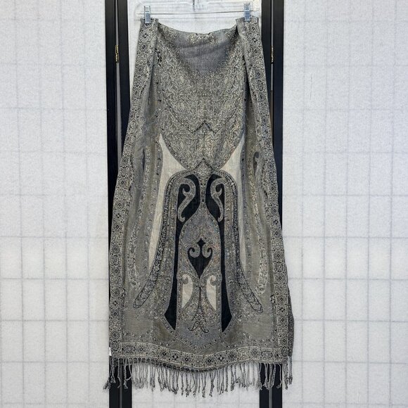 None Accessories - Black Beige Grey Long Rectangular Fringed Scarf Wrap Pashmina Unknown Brand
